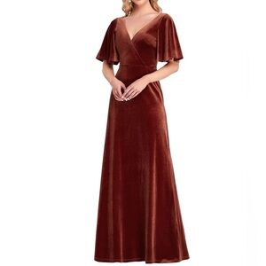 NWT Ever Pretty Velvet Maxi Dress Size 14 Rust Brown Flutter Sleeve Formal Gown